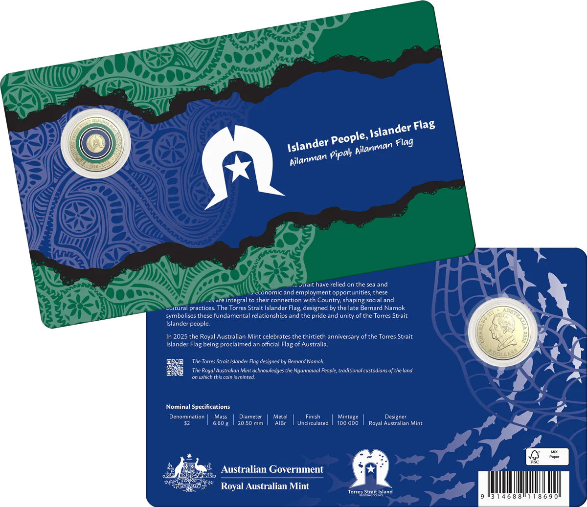 $2 2025 UNC AIBr COLOURED C MINTMARK 30TH ANNIVERSARY OF THE TORRES STRAIT ISLANDER FLAG